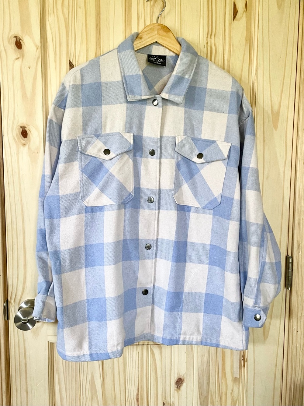 HFX Light Blue & White Buffalo Plaid Check Shacket with Snap Front Size Large